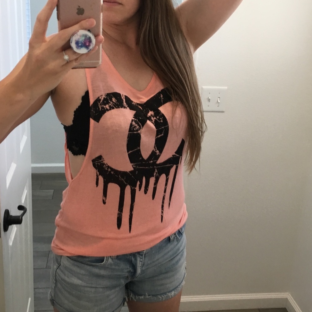 Coral tank top with Coco Chanel logo
